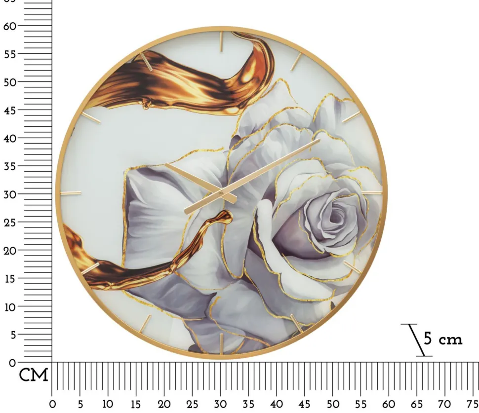 Horloge murale ronde décorée d'une rose cadre doré verre M.D.F métal