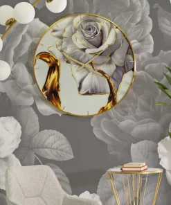 Horloge murale ronde décorée d'une rose cadre doré verre M.D.F métal