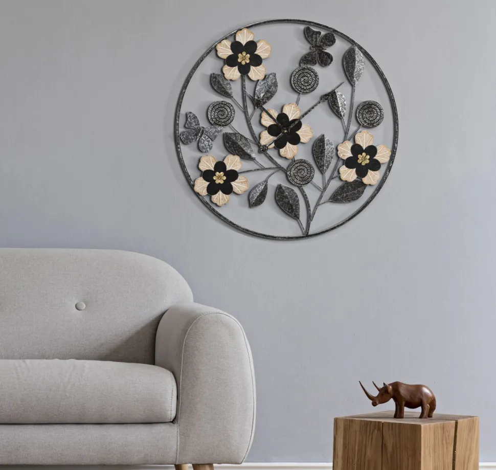 Horloge murale ronde Divaker Fer Noir et M.D.F Marron