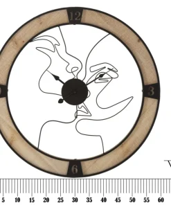 Horloge murale ronde en bois et fer avec visages stylisés