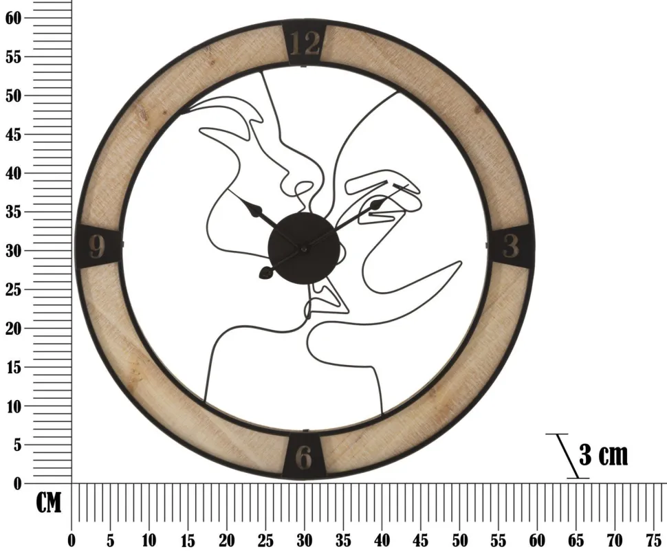 Horloge murale ronde en bois et fer avec visages stylisés