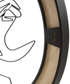 Horloge murale ronde en bois et fer avec visages stylisés
