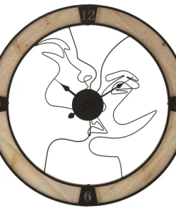 Horloge murale ronde en bois et fer avec visages stylisés