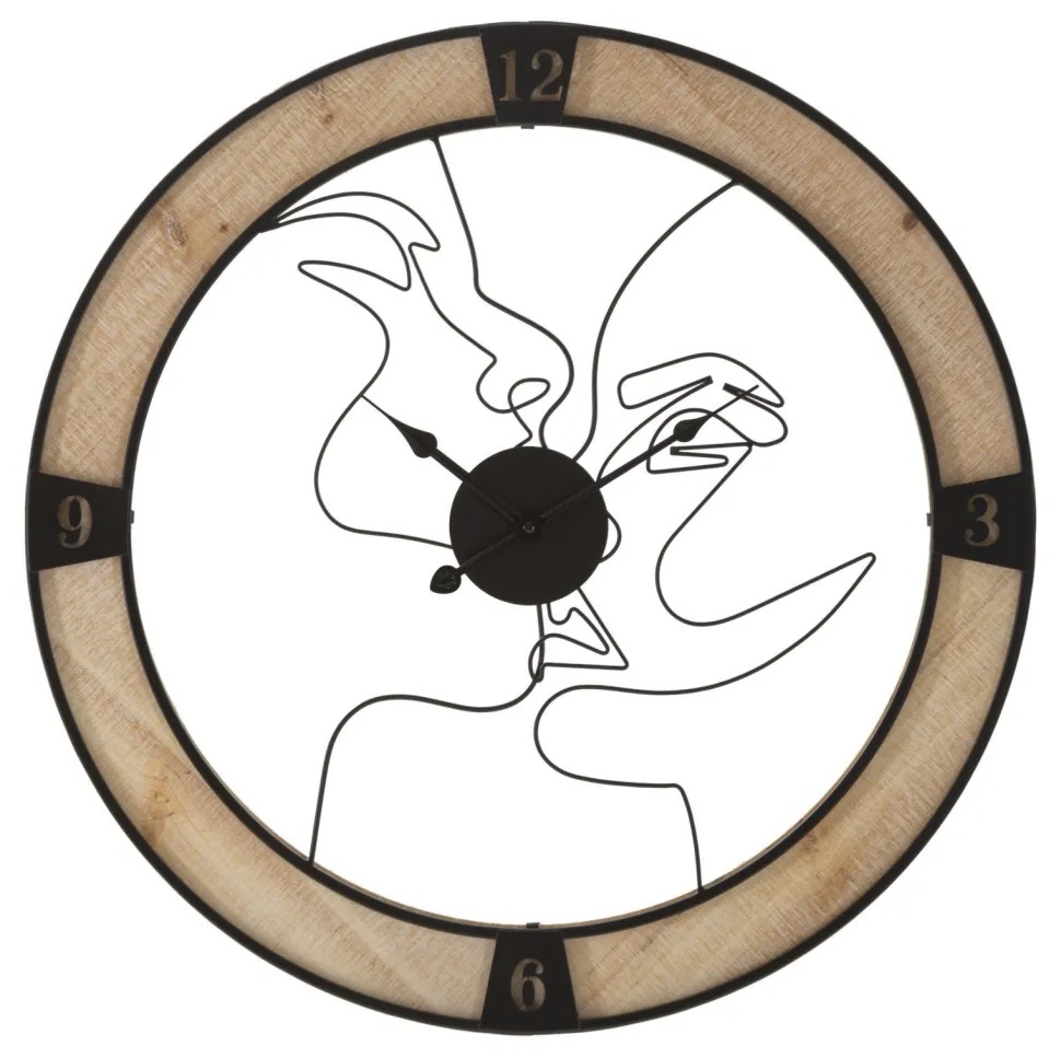 Horloge murale ronde en bois et fer avec visages stylisés