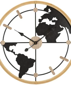 Horloge murale ronde Monde Métal Noir et M.D.F marron