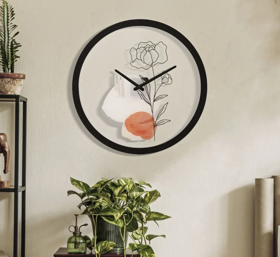 Horloge murale ronde motif rose fer et verre multicolore