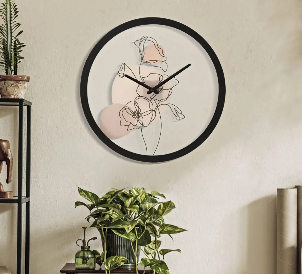 Horloge murale ronde motifs floraux Fer et Verre multicolore