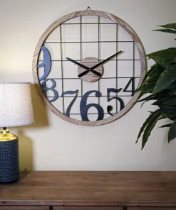 Horloge murale ronde métal et bois Noir Marron
