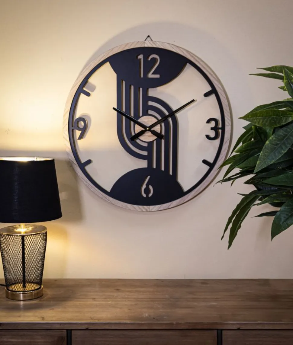 Horloge murale ronde métal Noir et bois Marron