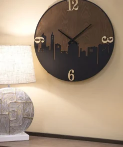 Horloge murale ronde métal et bois ligne d'horizon chiffres dorés