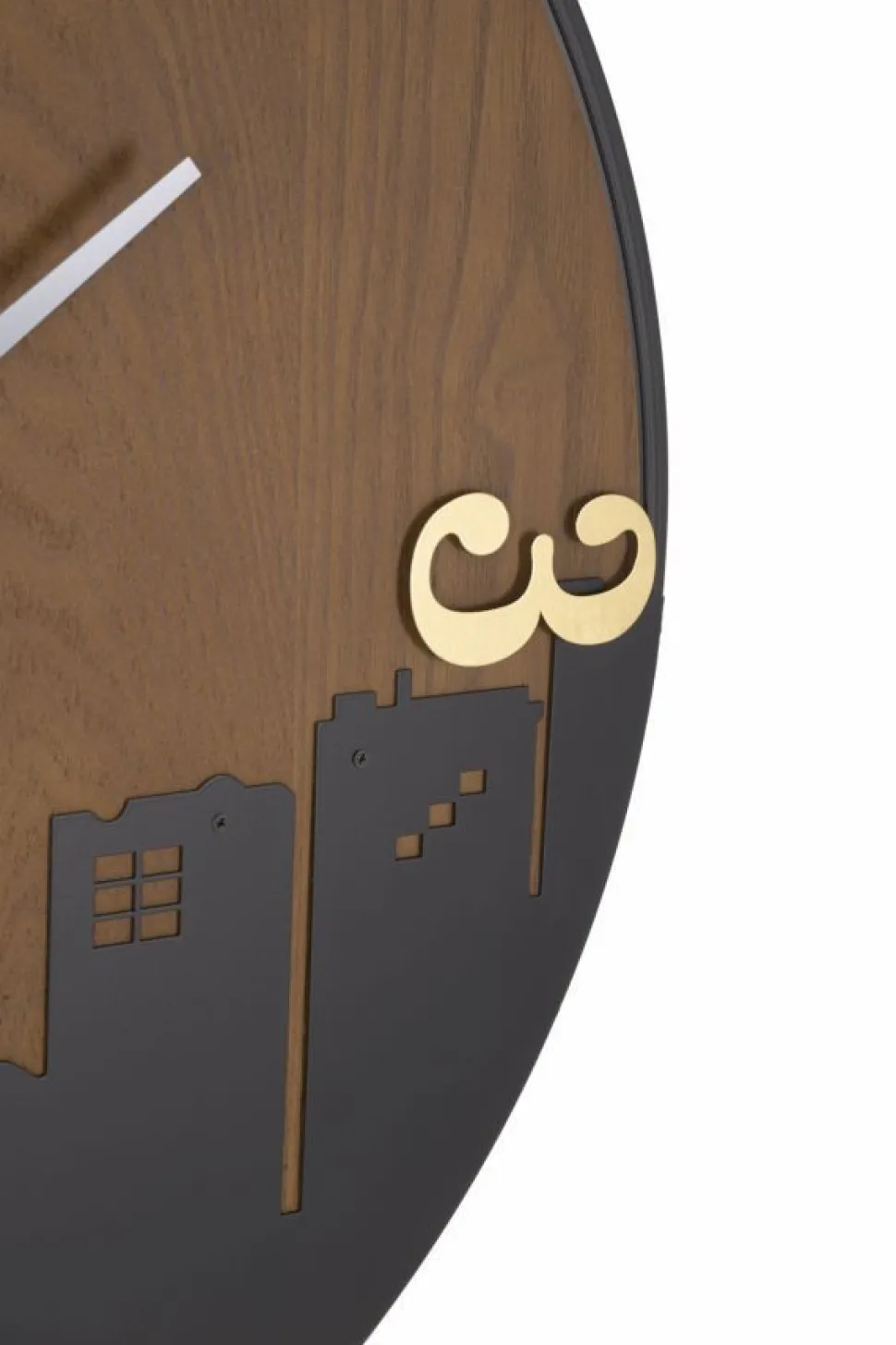 Horloge murale ronde métal et bois ligne d'horizon chiffres dorés