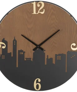 Horloge murale ronde métal et bois ligne d'horizon chiffres dorés