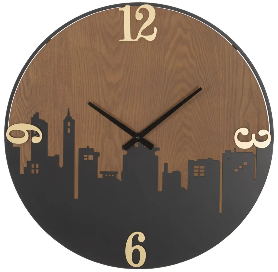 Horloge murale ronde métal et bois ligne d'horizon chiffres dorés