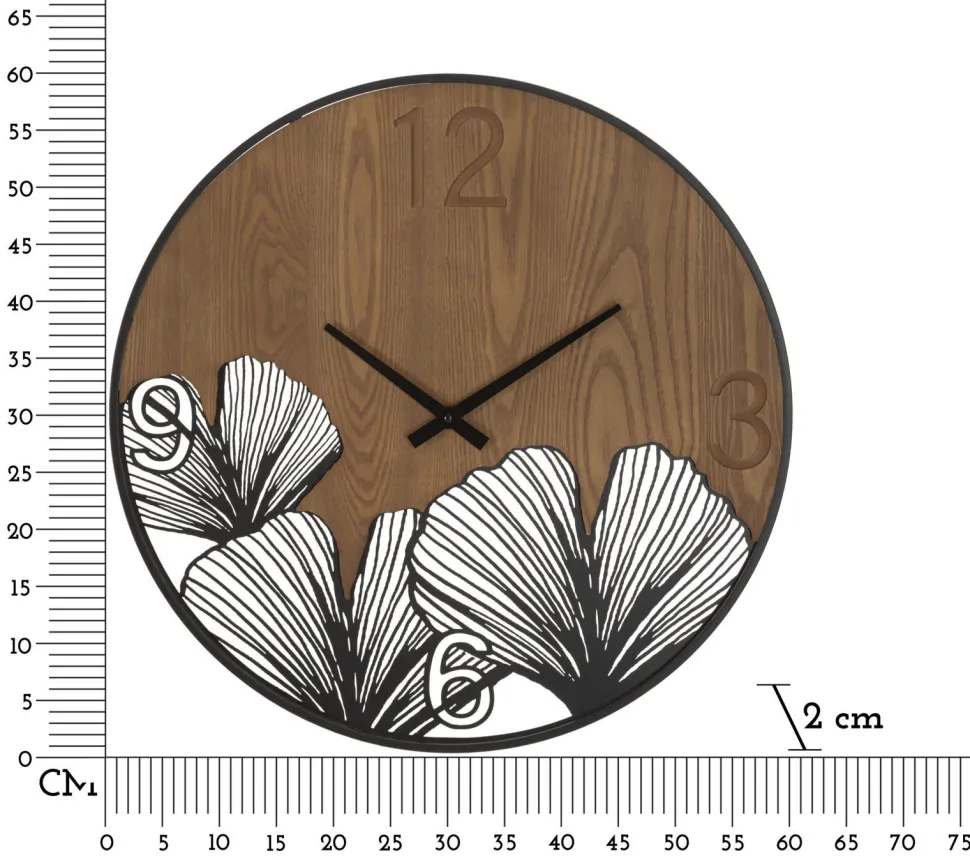 Horloge murale ronde métal et MDF noir et marron décor feuilles