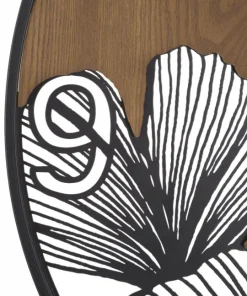Horloge murale ronde métal et MDF noir et marron décor feuilles