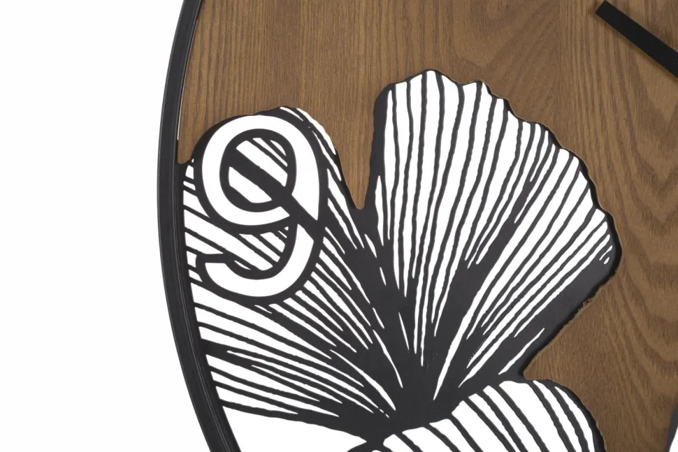 Horloge murale ronde métal et MDF noir et marron décor feuilles