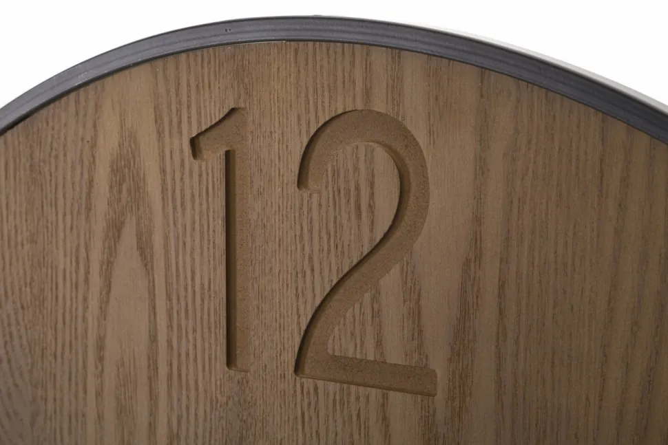 Horloge murale ronde métal et MDF noir et marron décor feuilles
