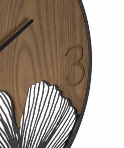 Horloge murale ronde métal et MDF noir et marron décor feuilles