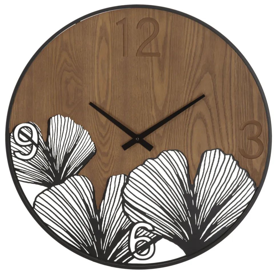 Horloge murale ronde métal et MDF noir et marron décor feuilles