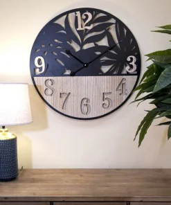 Horloge murale ronde Palm Métal Noir et Bois Clair