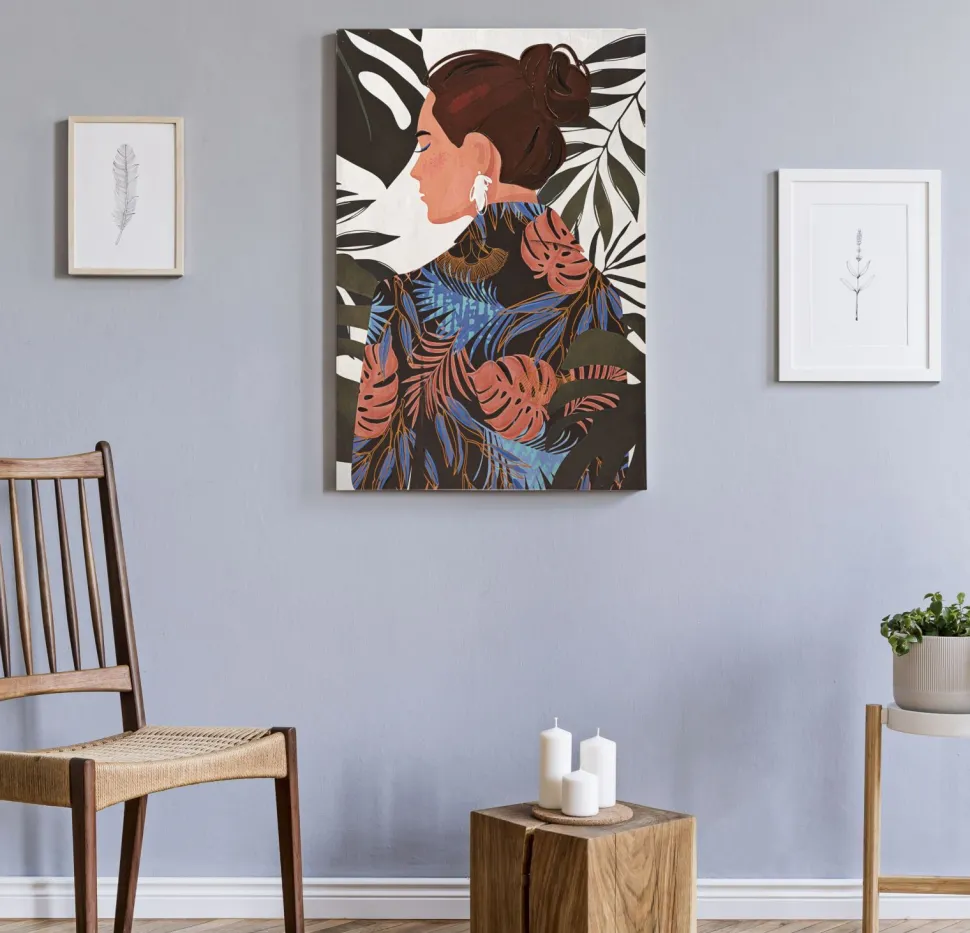 Impression murale Lady Jungle encadrée toile bois massif couleurs chaudes