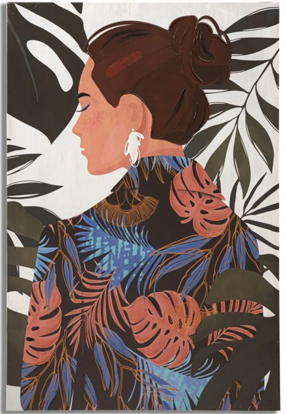 Impression murale Lady Jungle encadrée toile bois massif couleurs chaudes