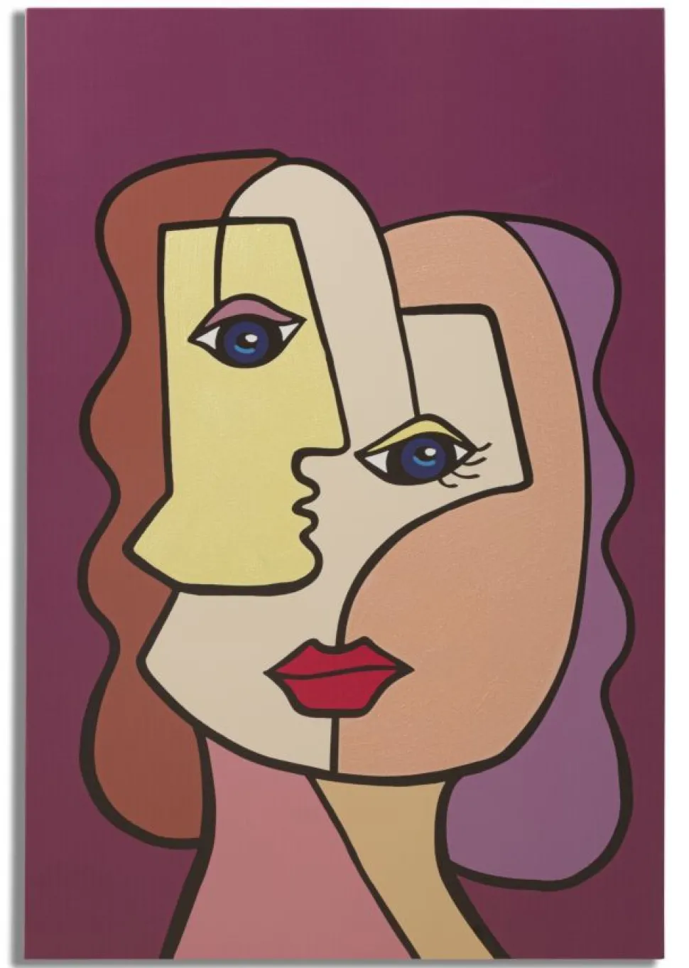 Impression murale visage cubiste toile encadrée bois massif couleurs vives