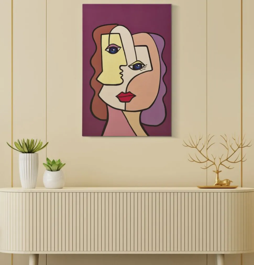 Impression murale visage cubiste toile encadrée bois massif couleurs vives