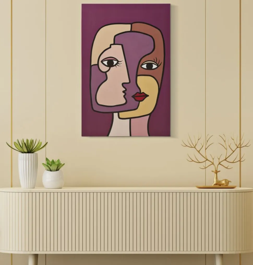 Impression peinte sur toile cubiste encadrée en bois couleurs vives