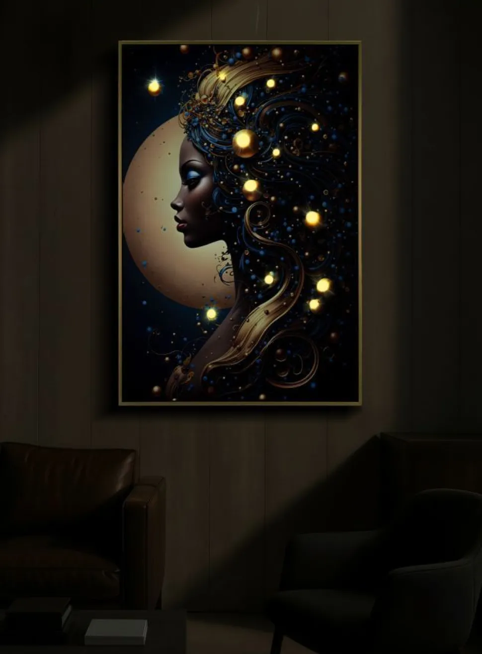 Impression sur toile avec cadre Minerva LED doré