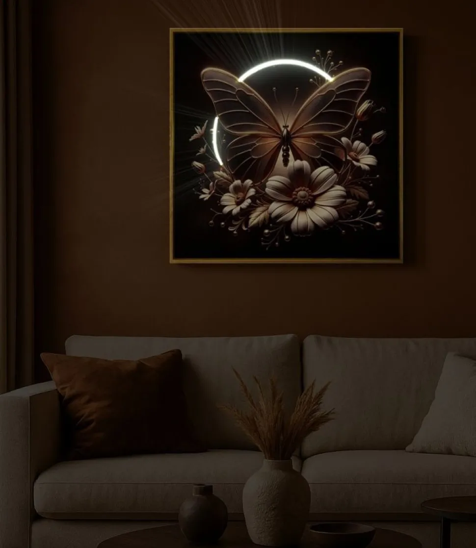 Impression sur toile Papillon doré LED cadre exécuté