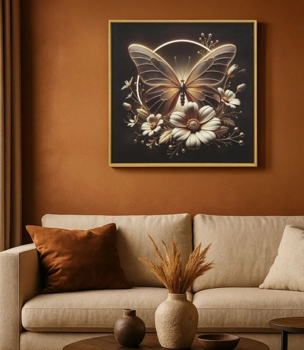 Impression sur toile Papillon doré LED cadre exécuté