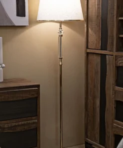 Lampadaire Praga Métal Doré Abat-jour Tissu Beige Bordure Dorée