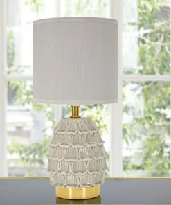 Lampe de chevet en céramique crème Pigny en forme de pin et abat-jour en tissu