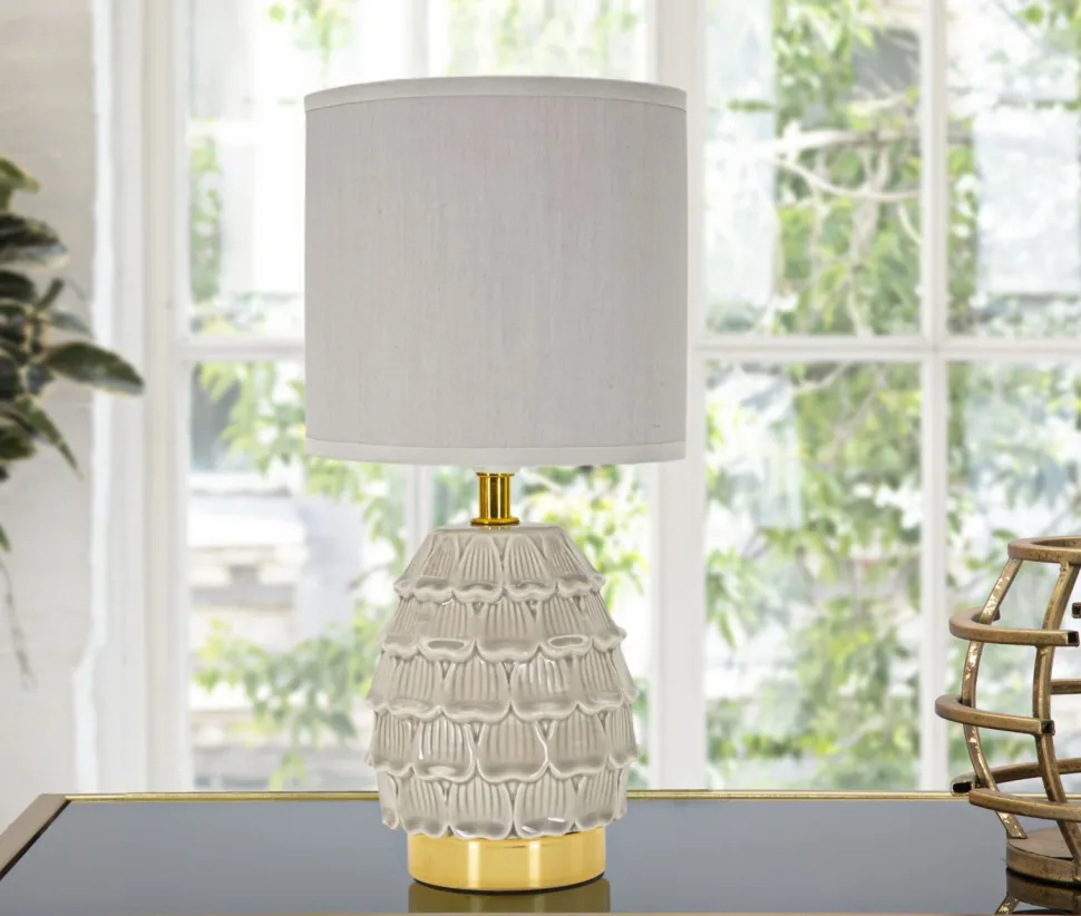 Lampe de chevet en céramique crème Pigny en forme de pin et abat-jour en tissu
