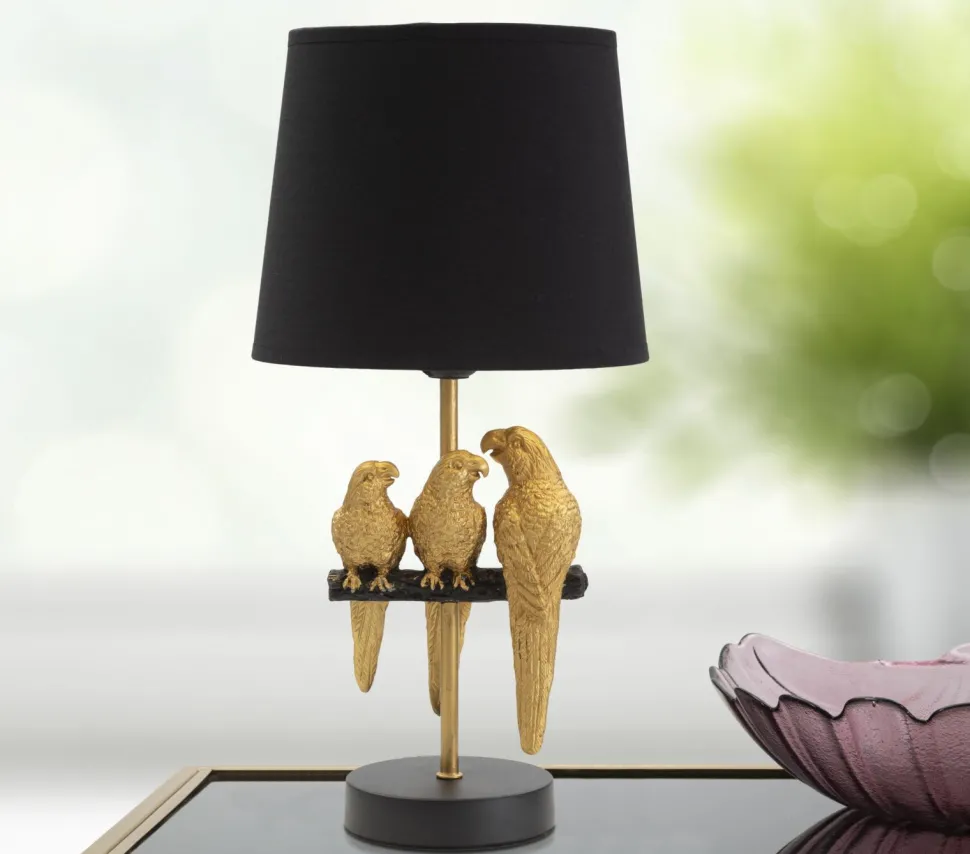 Lampe de chevet Perroquets Métal Doré abat-jour Tissu Noir