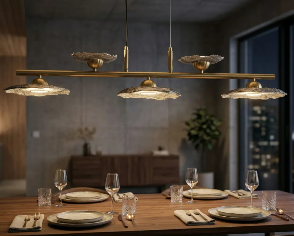 Lampe de plafond 5 lumières Emily Verre Gris et structure dorée