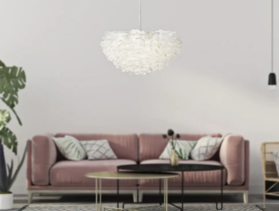 Lampe de plafond plumes synthétiques fer et plastique blanc