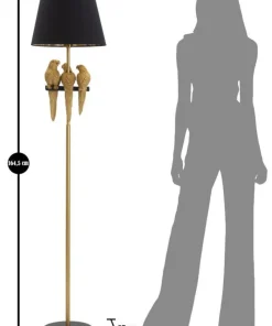 Lampe de sol dorée avec abat-jour en tissu noir et décor perroquets