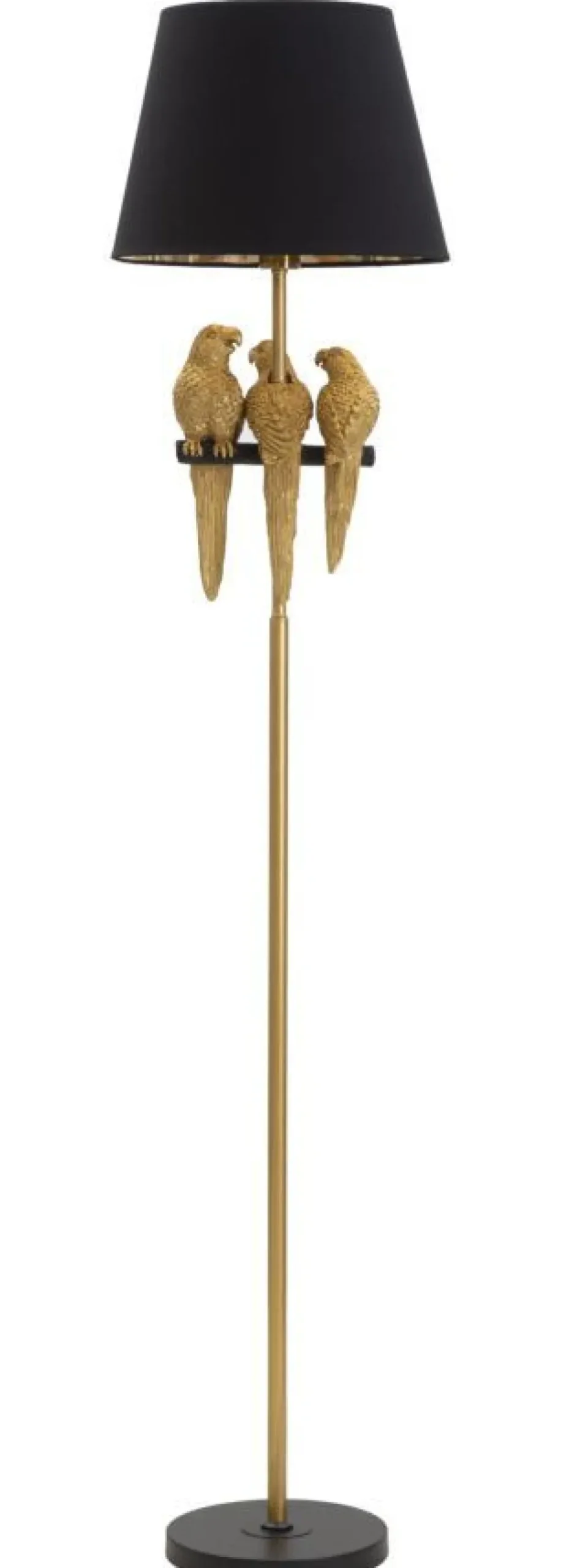 Lampe de sol dorée avec abat-jour en tissu noir et décor perroquets