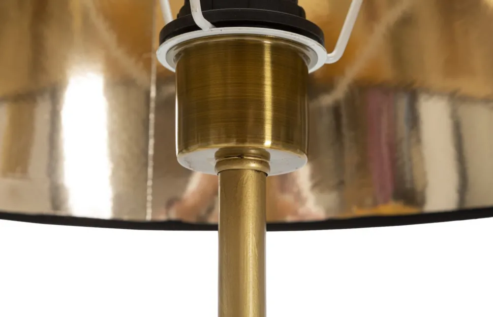 Lampe de sol dorée avec abat-jour en tissu noir et décor perroquets