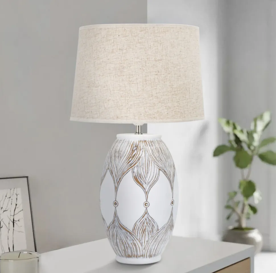 Lampe de table Athenes Polyrésine Blanc abat-jour Tissu Beige