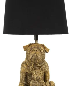 Lampe de table Chien en résine dorée abat-jour tissu Noir