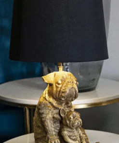 Lampe de table Chien en résine dorée abat-jour tissu Noir