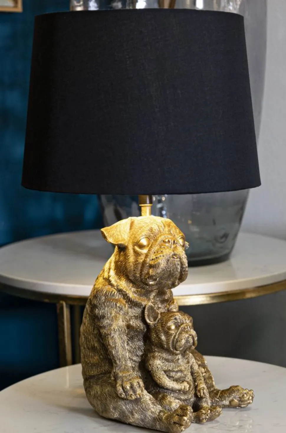 Lampe de table Chien en résine dorée abat-jour tissu Noir