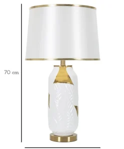 Lampe de table Céramique Blanche feuilles Dorées abat-jour Tissu Blanc bords Dorés