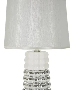 Lampe de table Céramique Blanche et Argentée Abat-jour Tissu Argenté