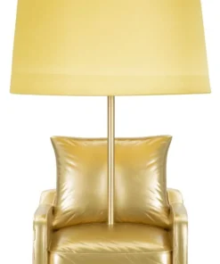 Lampe de table design années 70 polyrésine dorée abat-jour tissu Ocre Jaune