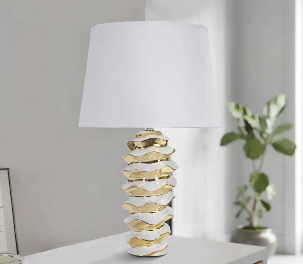Lampe de table Glam Space Céramique Blanche et Dorée abat-jour Tissu Blanc