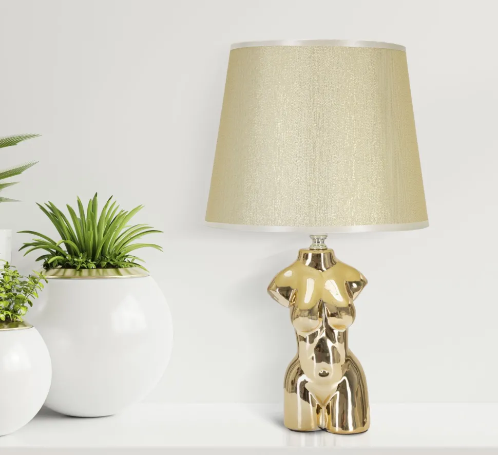 Lampe de table Glam Woman céramique dorée abat-jour tissu beige
